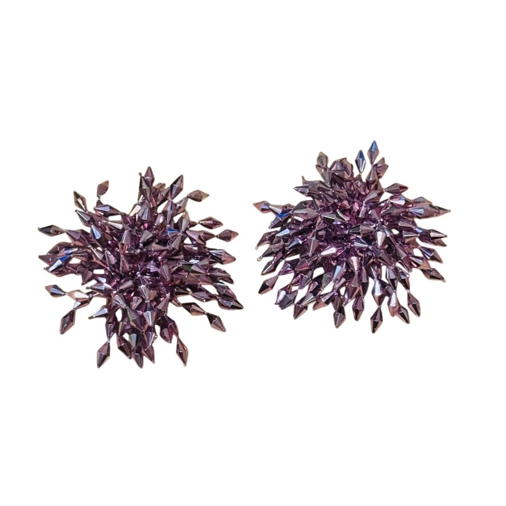 VTG Popits Pair Shoe Dress clips Chunky Purple Metallic Pom Poms Cluster Beaded